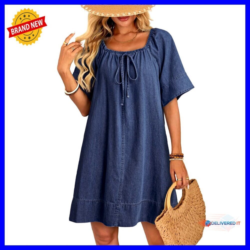 Lightweight Flowy Denim Dress Square Neck Tie Front Casual Summer Wear